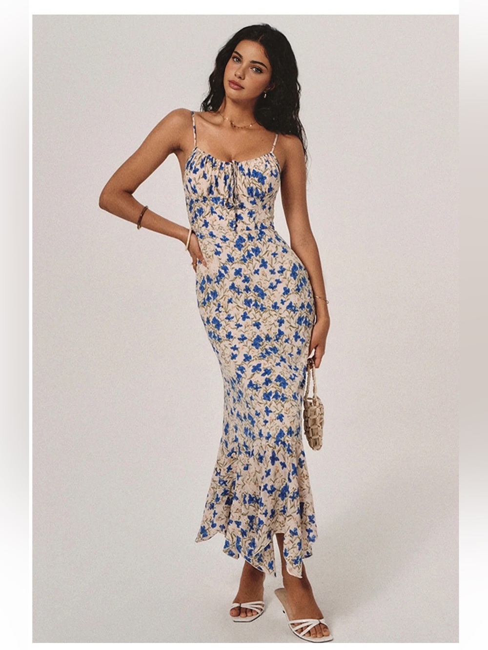 Commense Floral Print Knotted Irregular Hem Long Dress XS